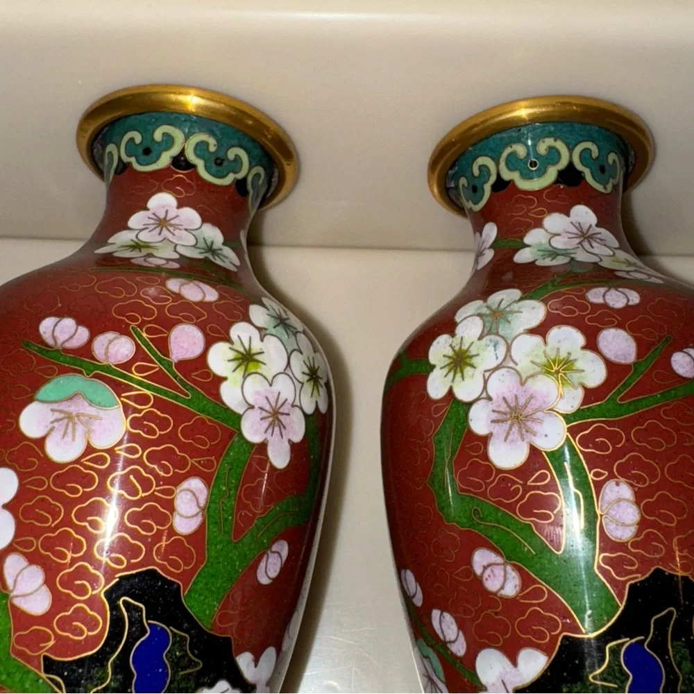Pair Of Vintage Chinese Cloisonné Chrysanthemum Floral Vases
